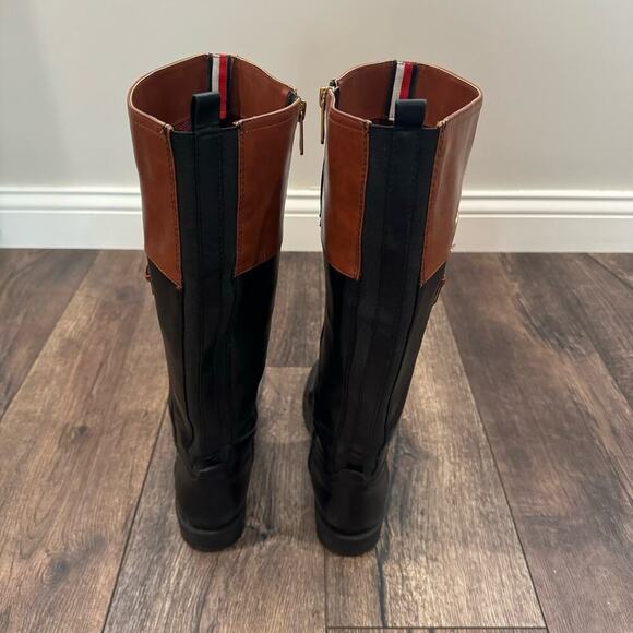 Tommy‎ Hilfiger Riding Boots Two-Tone Knee High Logo Black Brown Size 8 - Picture 3 of 10